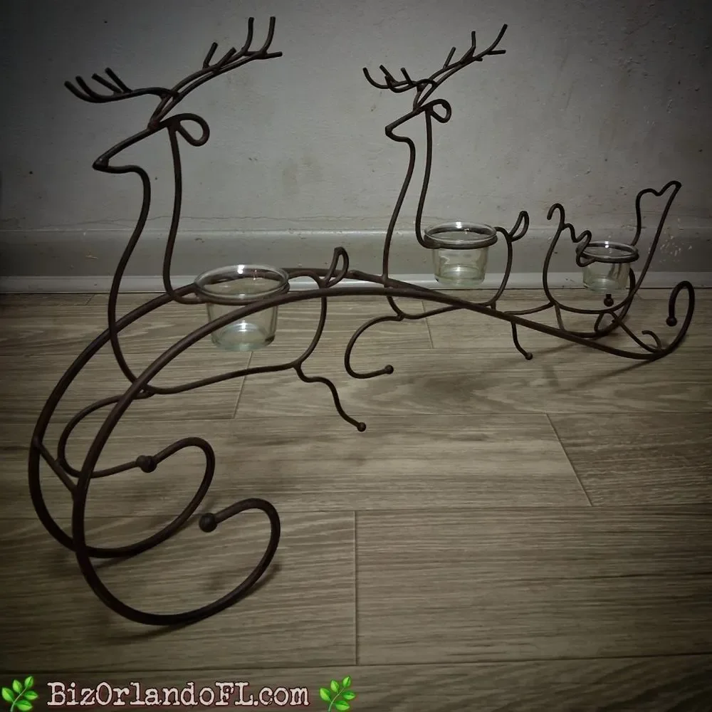 VINTAGE: Metal Reindeer & Sleigh Tea Light / Glass Votive Holder / Holiday Decor